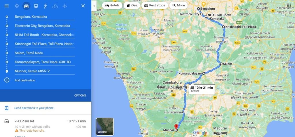 Bengaluru to Munnar Route for Road Trip