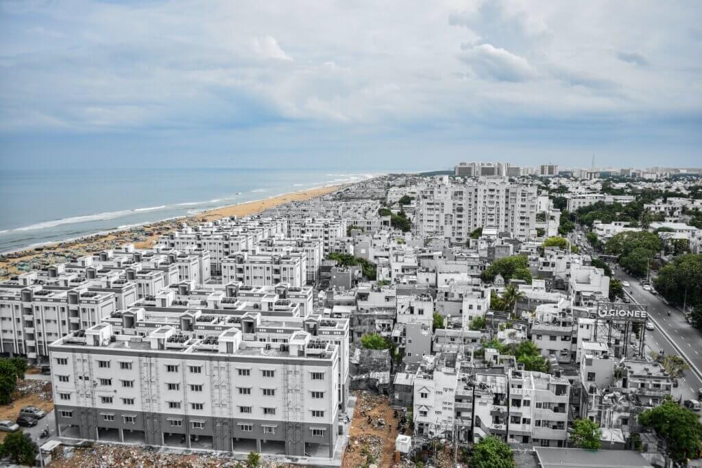busy landscape of Chennai, Tamil Nadu over looking sea